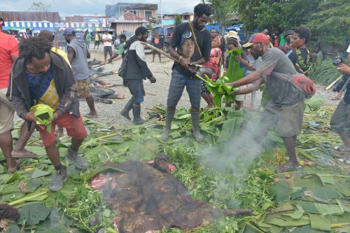 Setelah keladi ditutup dengan batu panas yang telah dibungkus daun pisang, sayur diletakan diatasnya kemudian daging babi diletakan diatas sayur.